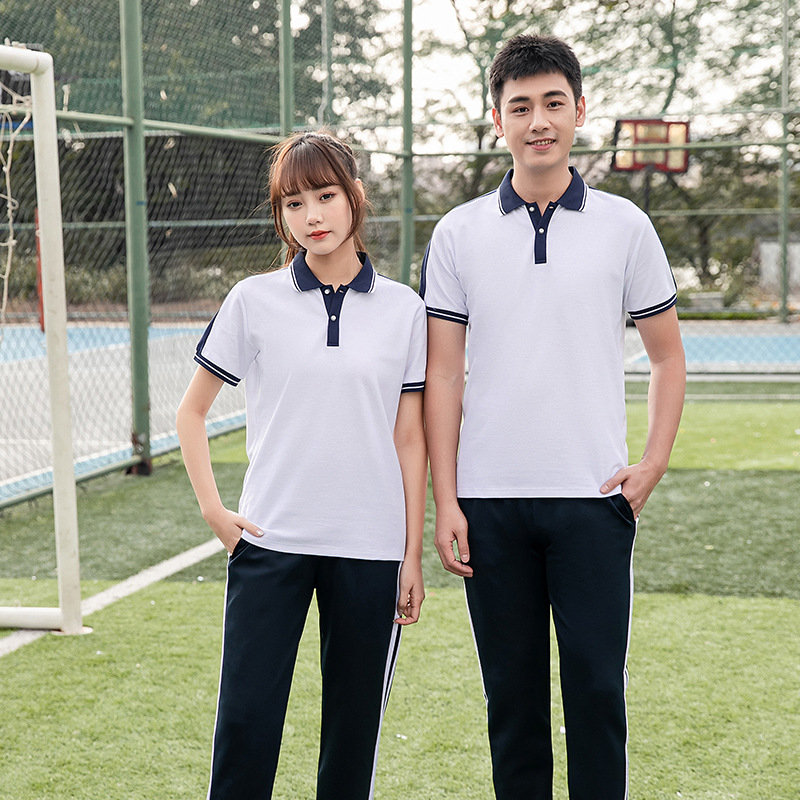 中学生校服夏装高中翻领白色校服短袖上衣校服班服套装学院风套装