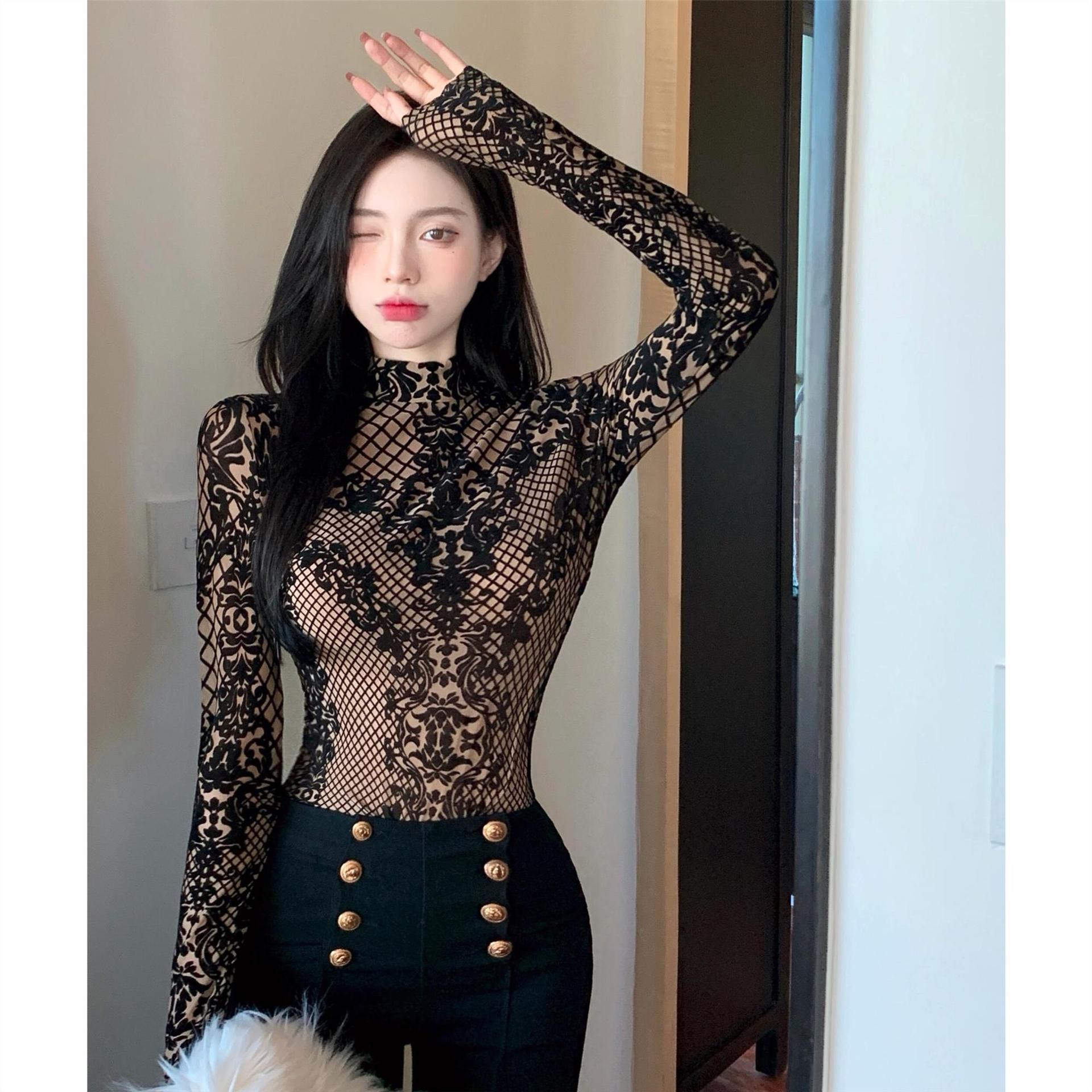 2022新款蕾丝衫女欧美ins修身百搭绣花长袖网纱打底连体衣女x8991