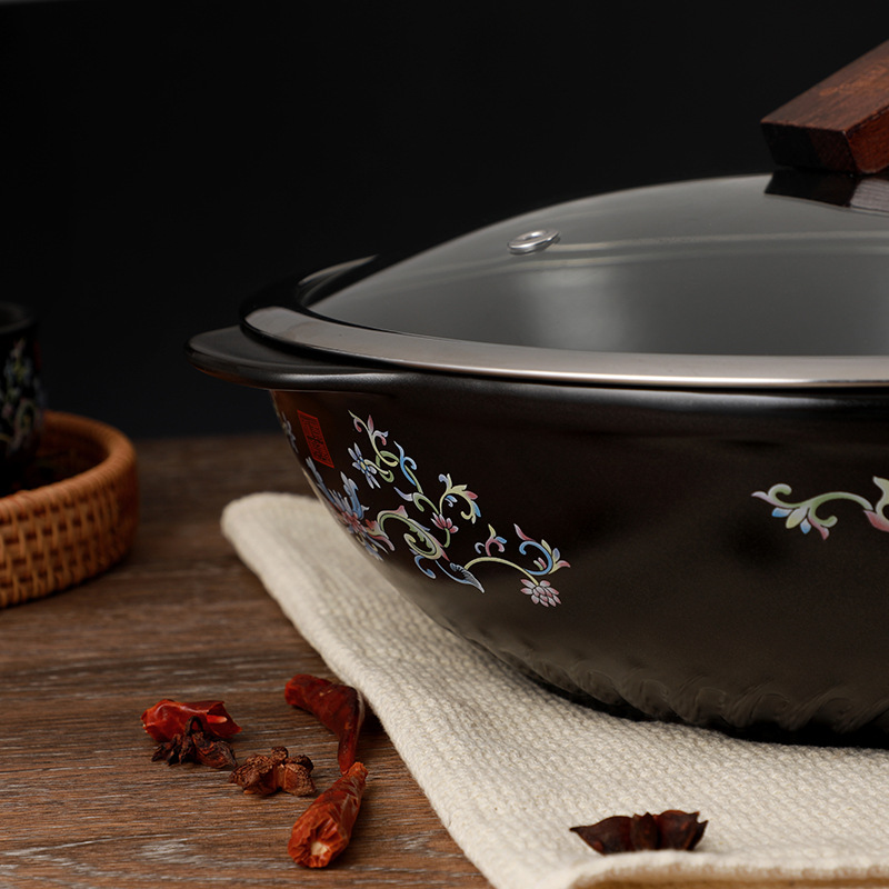 景德镇陶瓷炒锅珐琅彩不粘锅家用炒菜明火健康无涂层带盖炒锅批发