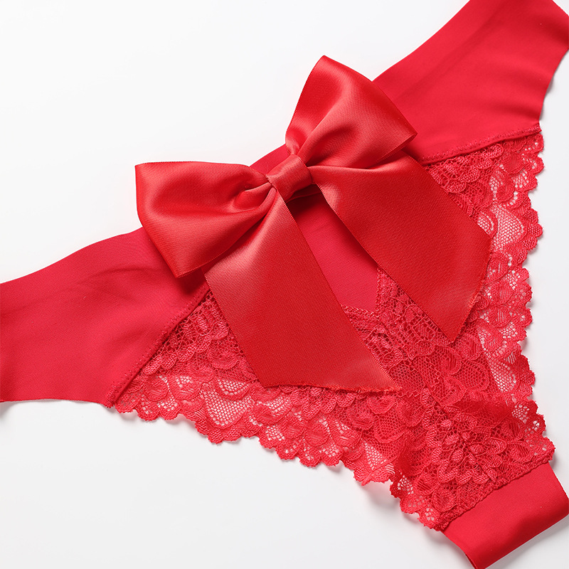 European and American Sexy Christmas Style Bowknot Underwear Women's Large Size Sexy Lace Stitching Ice Silk Seamless Women's Briefs