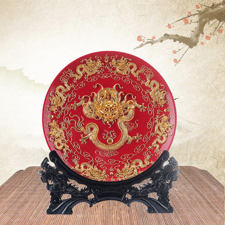 九龙献瑞陶瓷盘漆线雕纯手工制作贴金箔 公司乔迁开业礼品 摆件