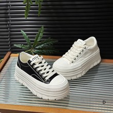 欧洲站女鞋25春季新款时尚软头层牛皮圆头系带增高超厚底小白板鞋
