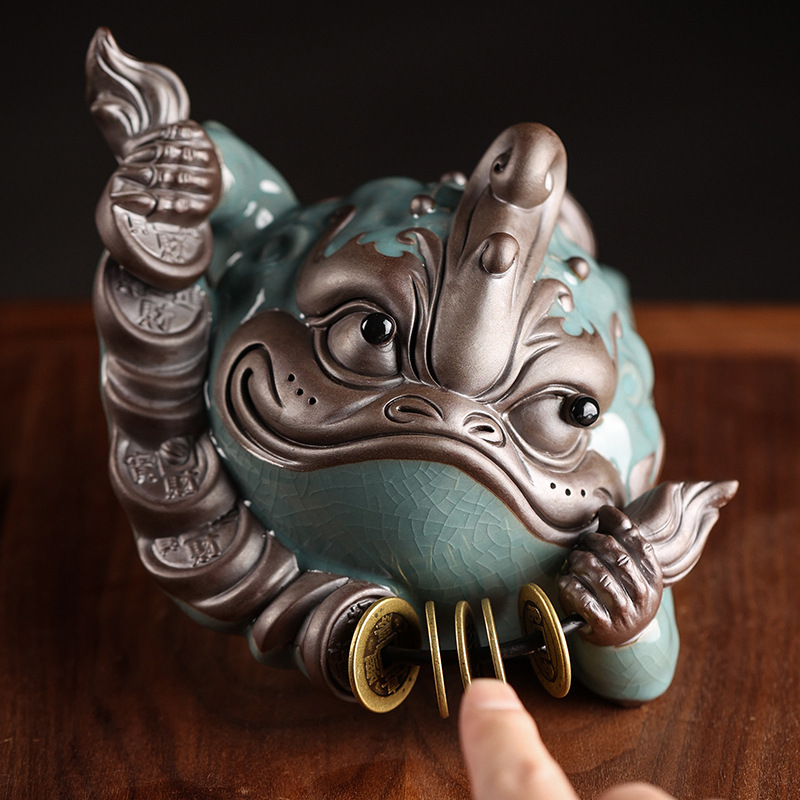 中式大号招财金蟾摆件哥窑紫砂茶宠可养三足蟾蜍家居办公桌装饰品