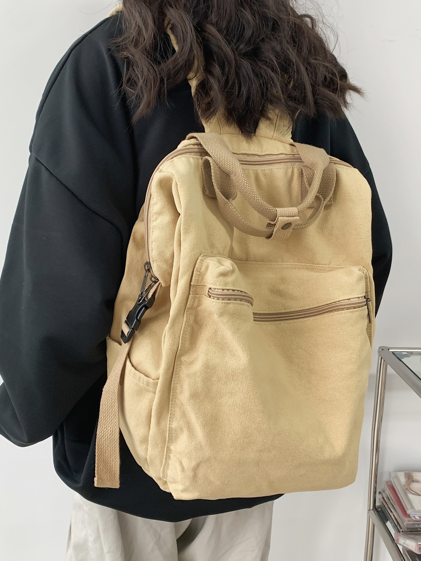 日系休闲纯色复古方形水洗帆布书包女学生港风大容量通勤双肩背包