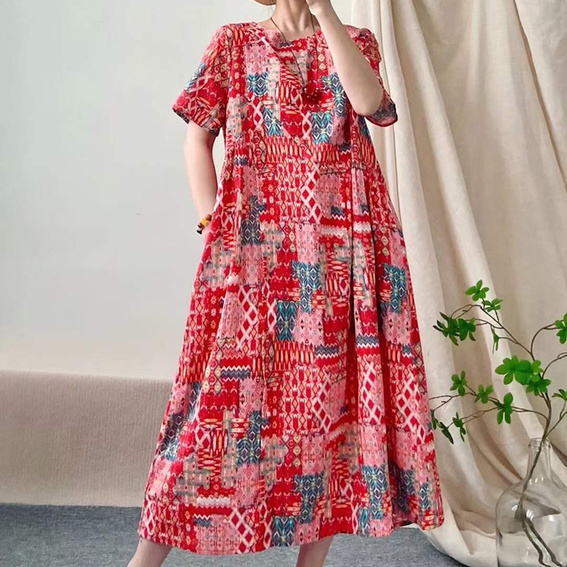 2024夏季数码印花棉麻长裙短袖轻薄宽松文艺女士连衣裙-阿里巴巴