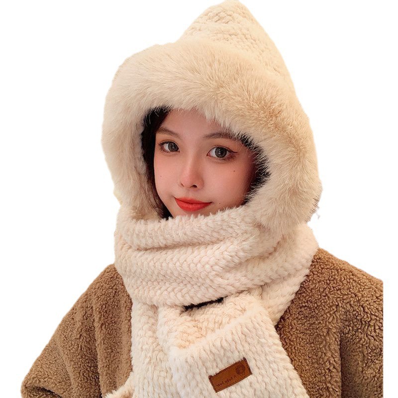 Plush Hat Scarf Gloves Three-in-One Women's Autumn and Winter Riding Warm Earmuffs Thickened Warm Scarf Cute