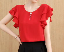 雪纺衫女2024年夏季新款洋气小衫韩版红色短袖雪纺遮肚子上衣