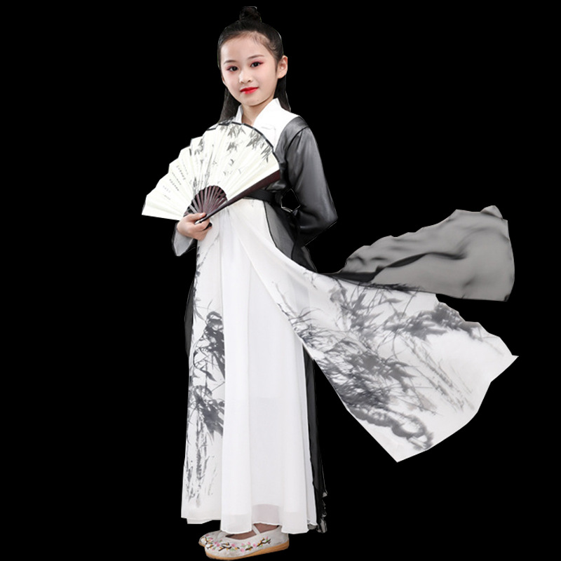 中国风孙科古典冰菊物语水袖水墨书简舞演出服女舞蹈服扇子舞