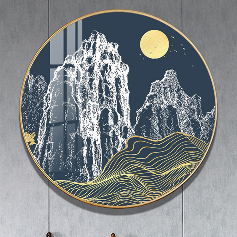 不透明铝合金圆框新中式山水画进门玄关画圆形装饰画双面屏风挂画