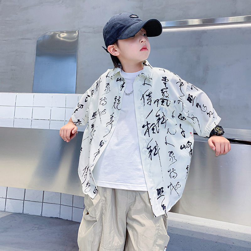 男大童夏季国潮防晒七分袖冰丝衬衫2024新款儿童男孩痞帅衬衣外套
