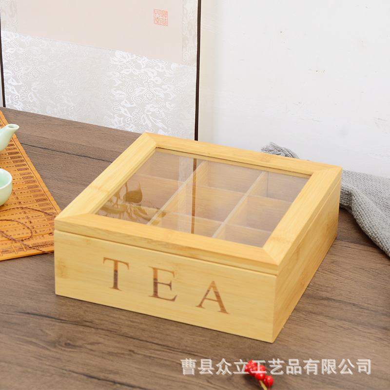 Bamboo Tea Box Nine Grid Tea Box Korean Creative Table Setting Wooden Coffee Tea Bag Food Dustproof Storage Box