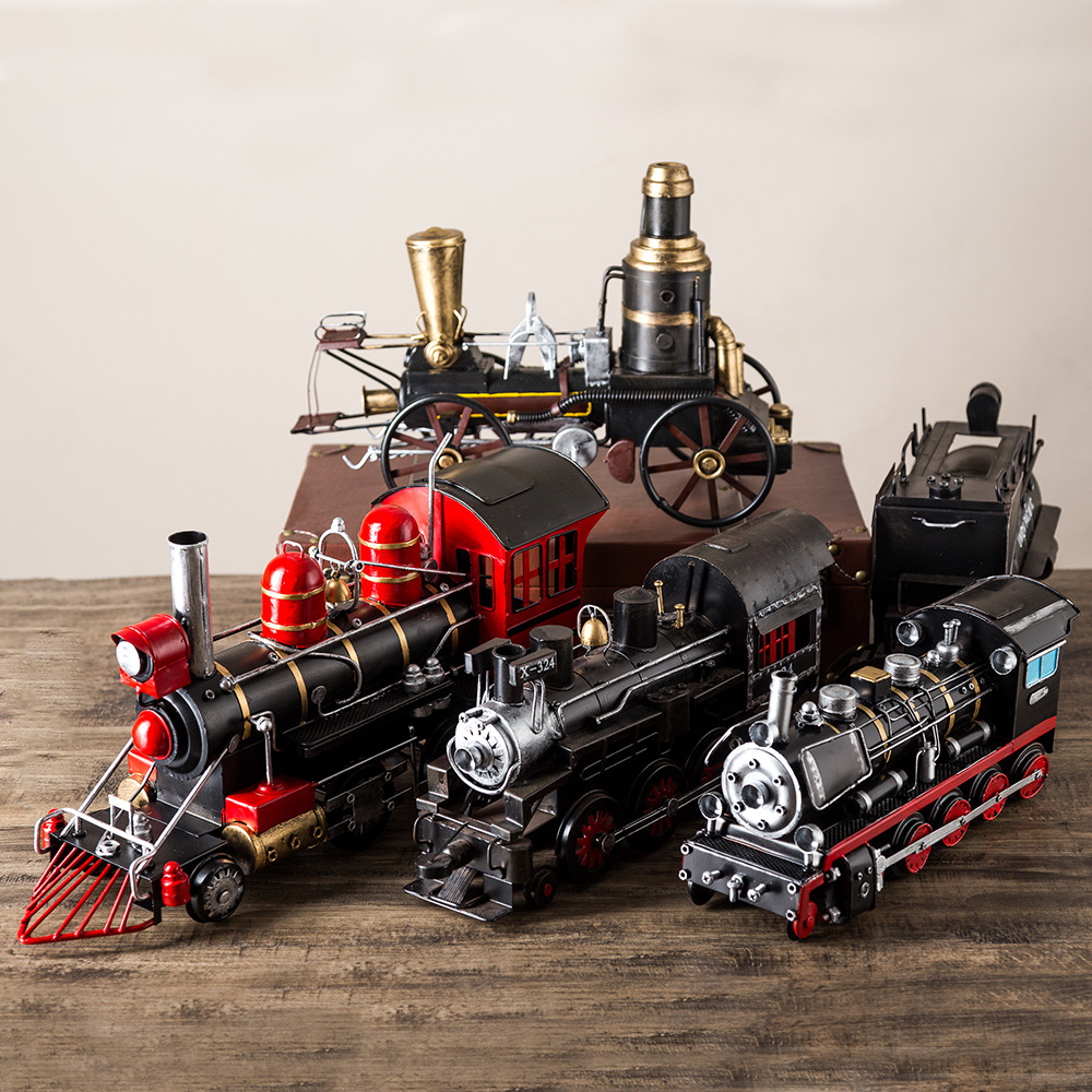 复古怀旧铁艺蒸汽机火车头模型摆件家居装饰品创意工艺品车模