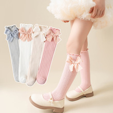 女童中筒袜子夏季薄款网眼女孩波浪蝴蝶结袜夏天儿童公主袜堆堆袜