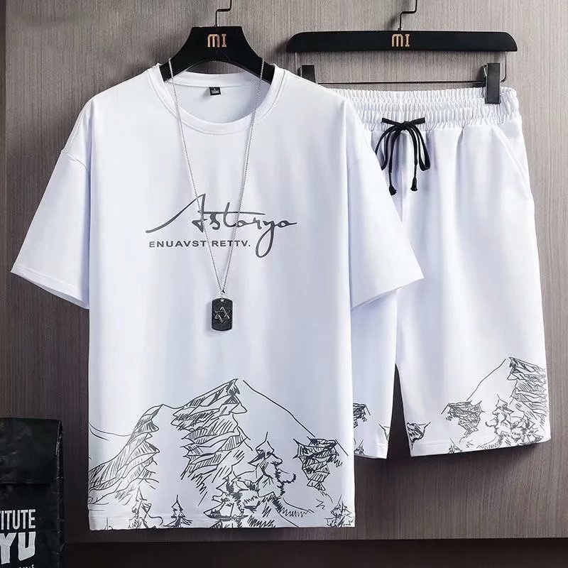 Printed Summer Fashion Short-Sleeved T-shirt Suit Men's Summer Ice Wicking Quick-Drying Loose Basketball Sports Two-Piece Set