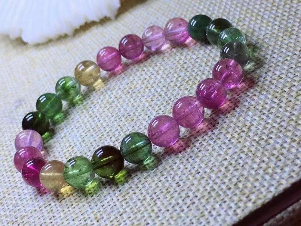 丹利水晶 碧玺手链 彩虹碧玺单圈圆珠手链