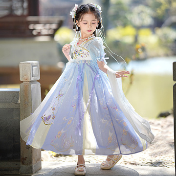 萱微妮2024夏季新款女童汉服演出服儿童唐装连衣裙中国风古装礼服