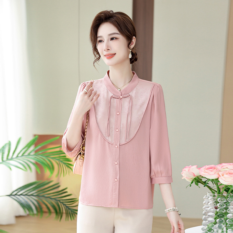 中年妈妈夏装2024新款五分袖衬衫中老年女装国风盘扣t恤减龄上衣