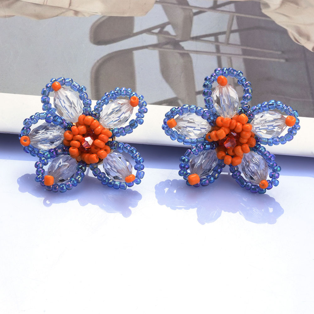 za秋冬款夸张手工编织米珠花卉耳环女欧美复古波西米亚风串珠耳钉