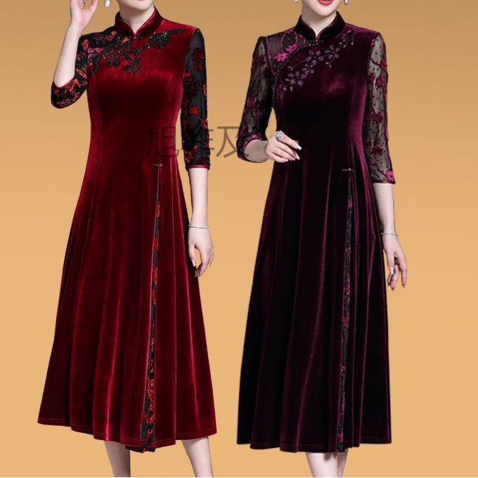 x痱春秋时尚参加婚礼妈妈装喜庆结婚宴礼服金丝绒中年旗袍连衣裙