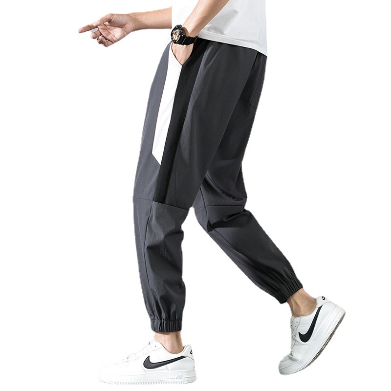 Summer Ice Silk Pants Men's Casual Pants Thin Loose Straight Ankle-Tied Cropped Tooling Sports Pants Men's Breathable