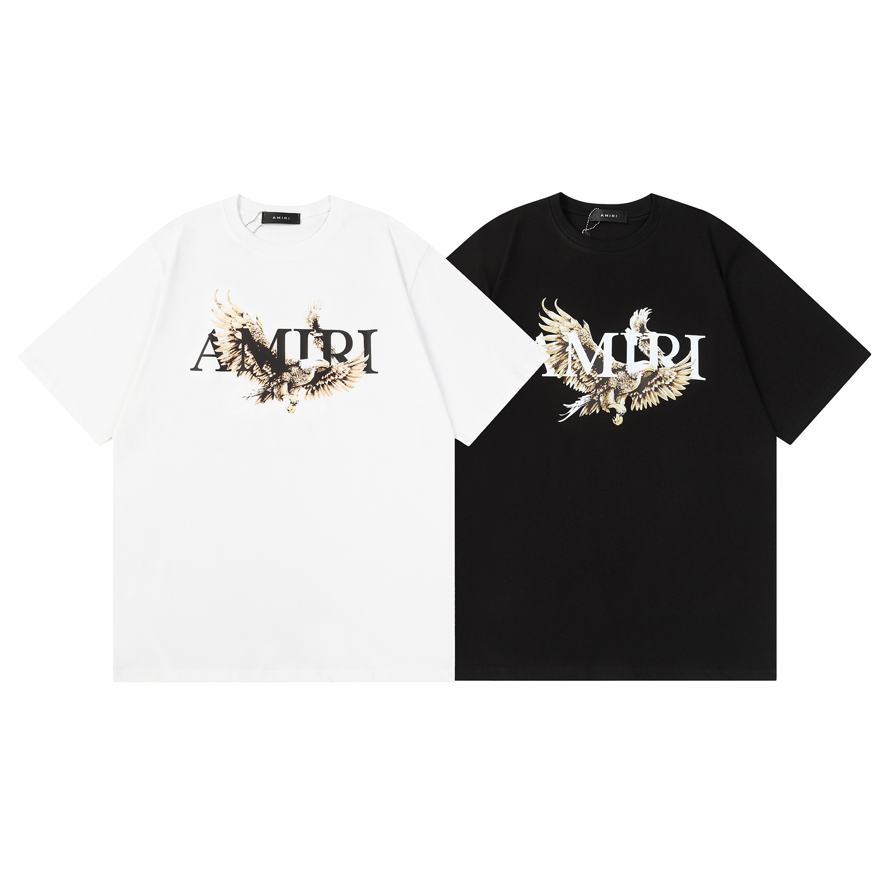 跨境美潮高 amiri 飞鹰图案字母印花黑色休闲宽松短袖t恤男女夏季