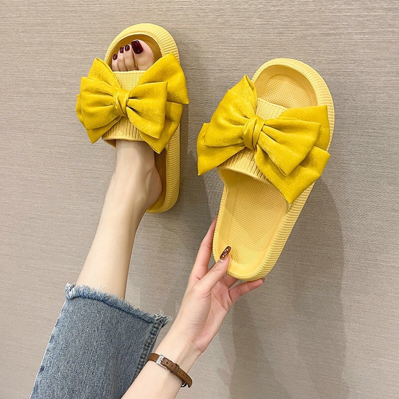 Wholesale Cute Bowknot Slippers Women's Summer Outdoor Wear Thick Bottom Bath Indoor Eva Home One-Word Sandals Beach Shoes