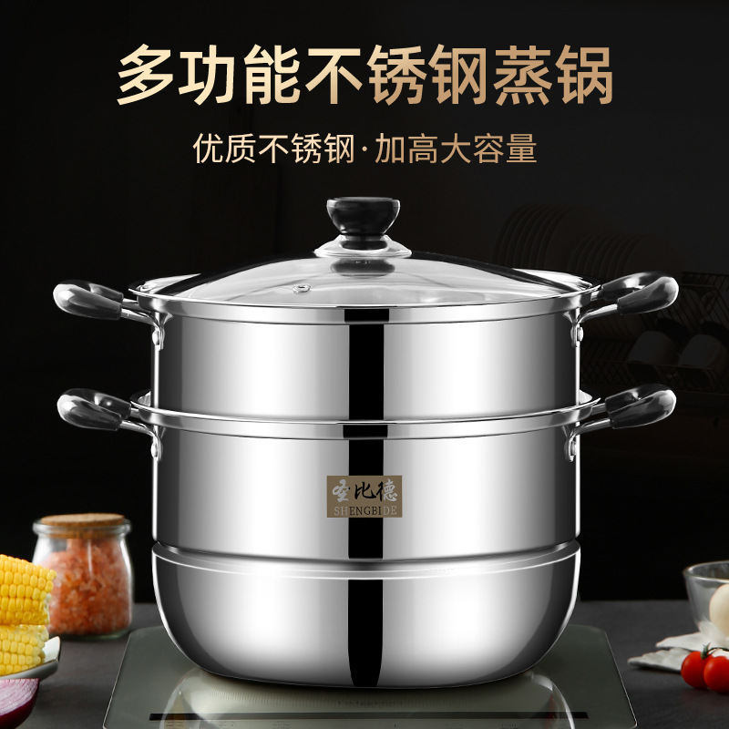 Shengbide Stainless Steel Steamer Household Large Capacity Double-Layer Pot for Steaming Fish Thickened Two-Layer Induction Cooker Gift Steamer