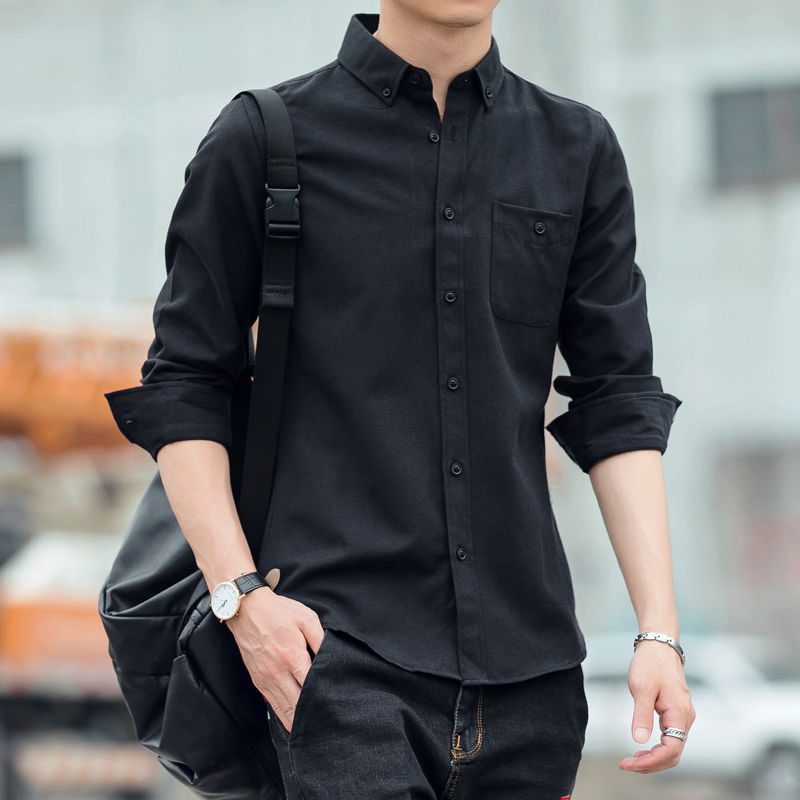 牛津纺男士长袖衬衫春季黑色棉衬衣青少年韩版修身打底休闲潮寸衫