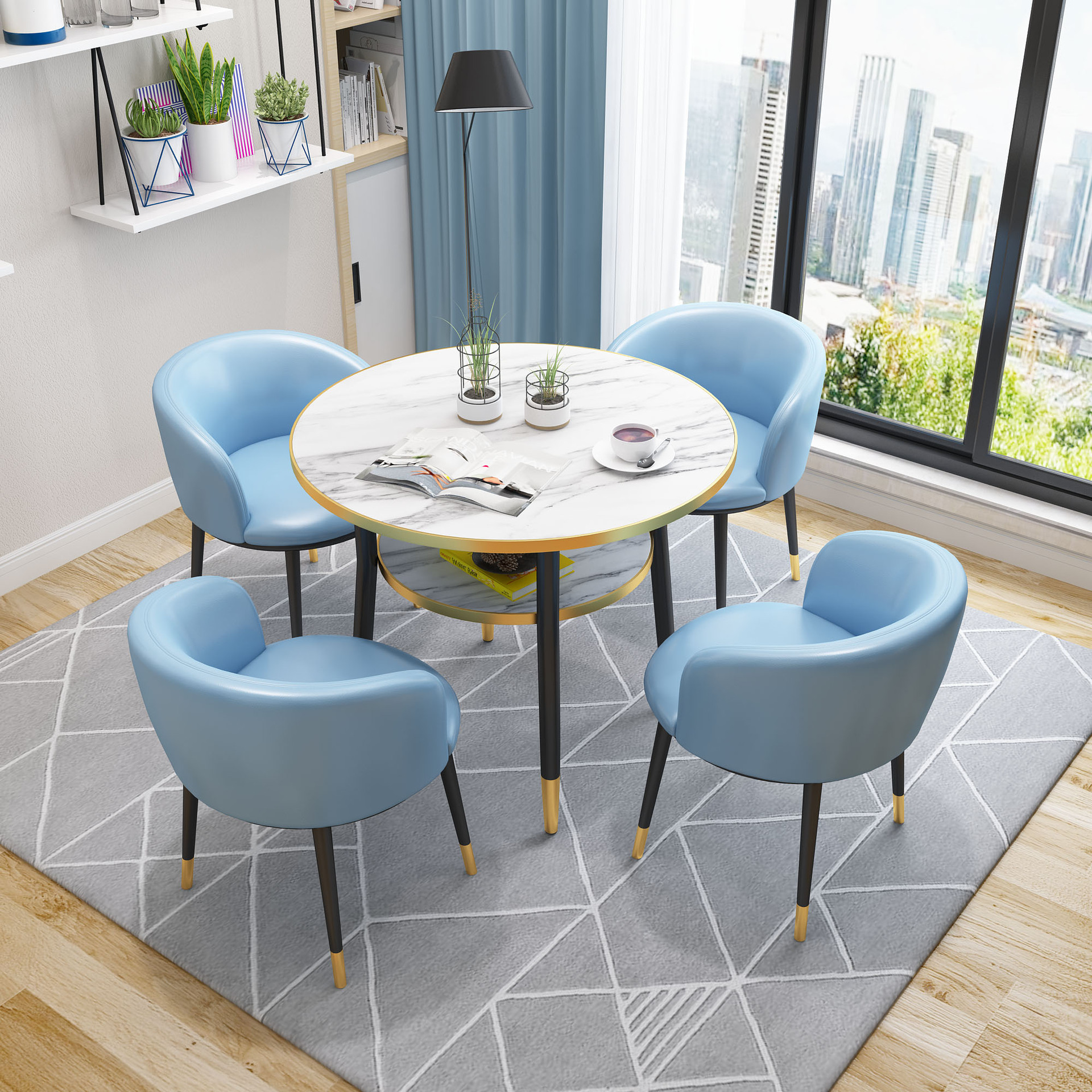 轻奢洽谈桌椅组合现代简约休息区售楼部办公室会客接待双层圆桌子