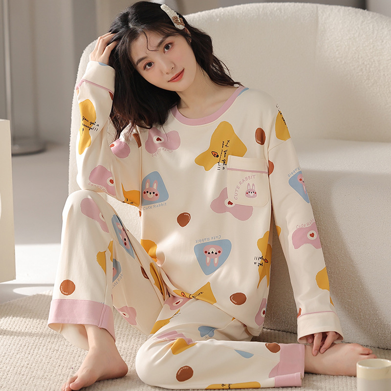 2023 New Women's Spring and Autumn Pajamas Long Sleeve Cotton Cartoon Loose Girl Autumn and Winter Homewear