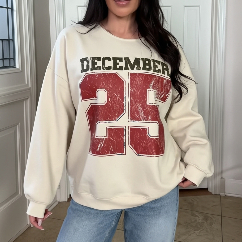 2025新款跨境亚马逊独立站欧美字母数字印花运动衫圆领长袖卫衣女