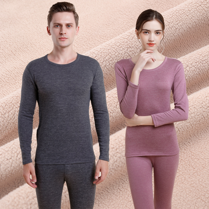 圆领加厚秋衣秋裤加绒保暖内衣套装男士中老年加大码羊羔绒保暖裤