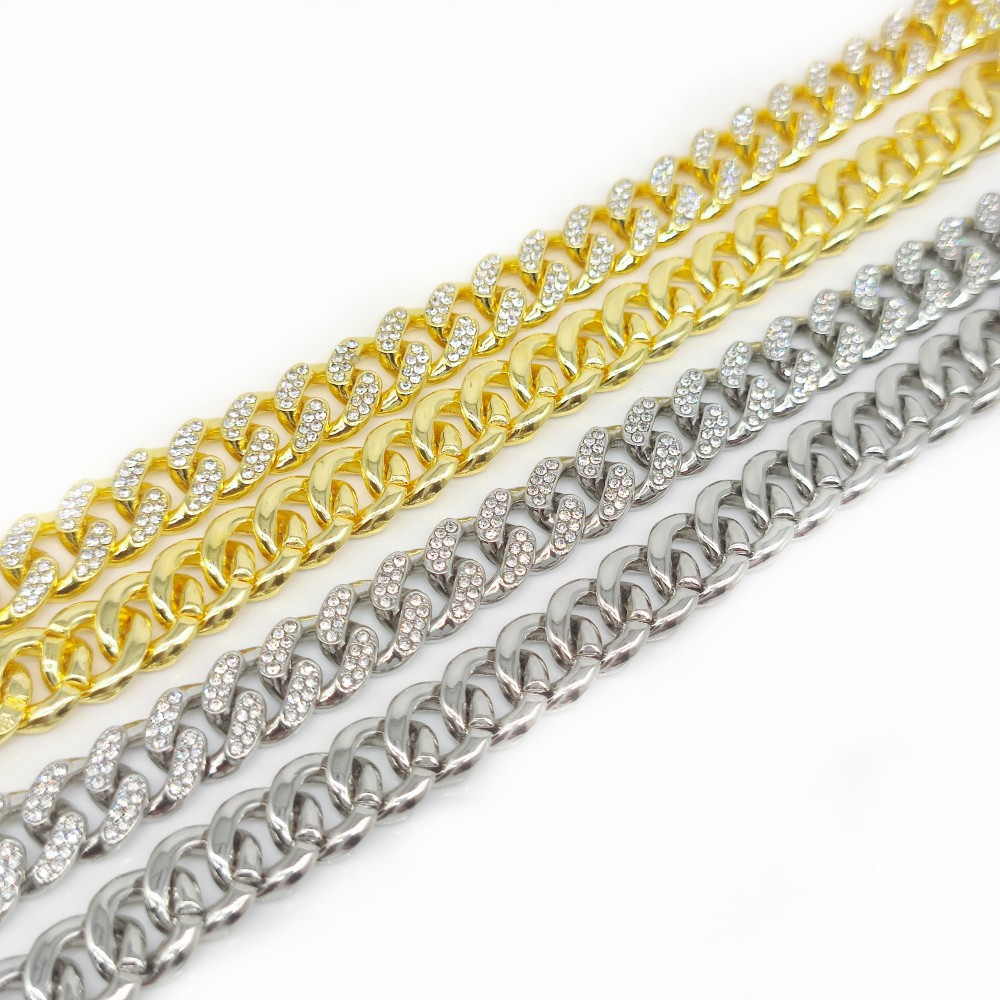 Cuban Link Chain Bracelet European and American Zinc Alloy 12.5mm Wide Gold-Plated Full Diamond Full Diamond Daikin Chain Cuban Link Chain Necklace