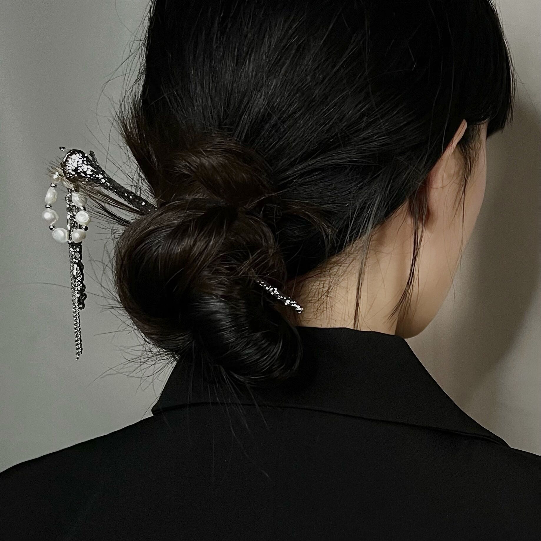 日常盘发淡水珍珠一字发簪简约现代时髦感发钗古风簪子发饰头饰女