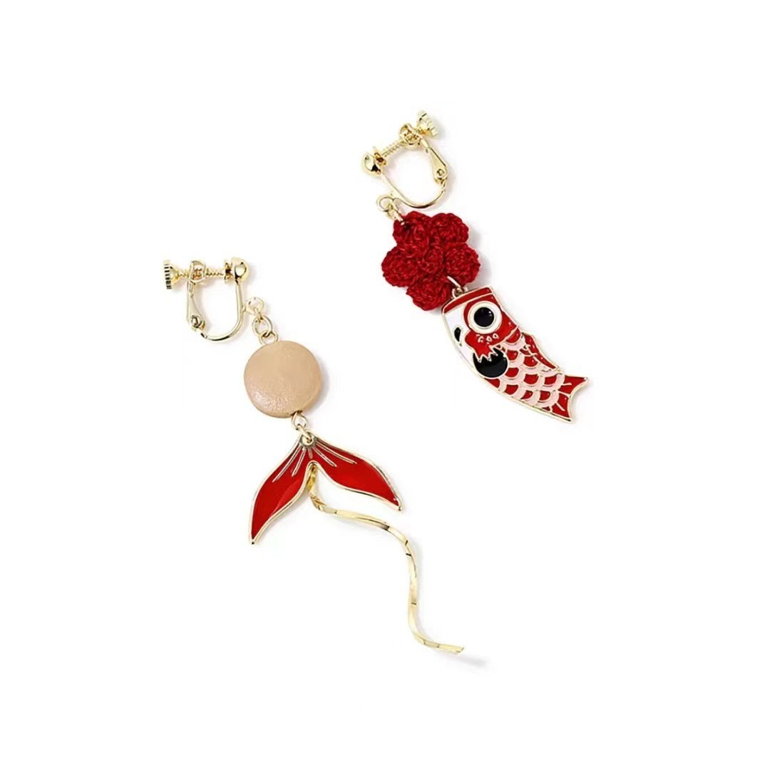 Retro Red Koi Flower Earrings Korean-Style Women's Retro Asymmetric Fishtail Simple Long Ear Studs Earrings