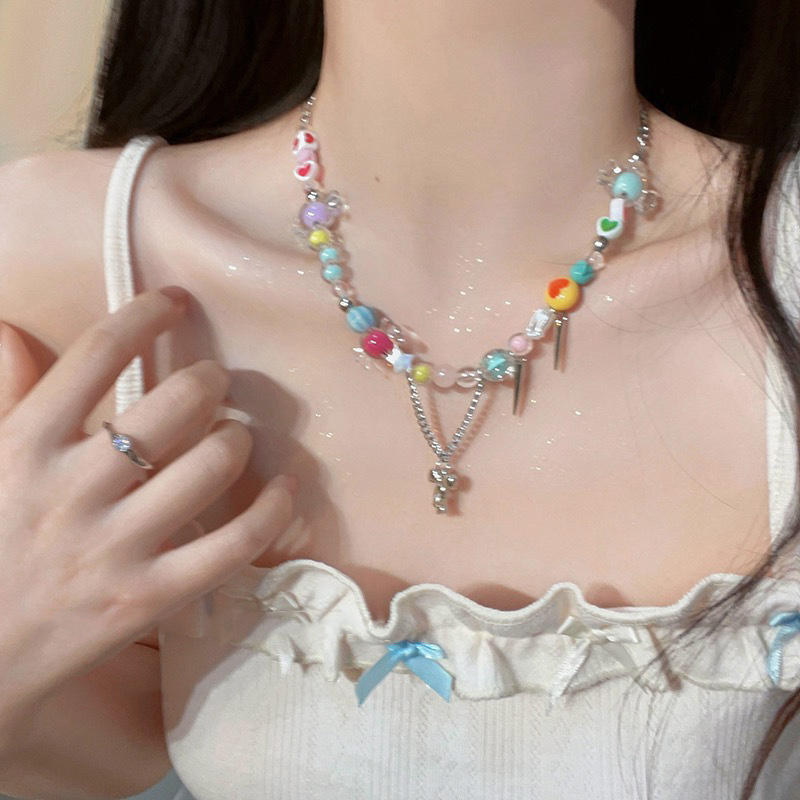 Color Dopamine Necklace Female Candy Color Beaded Tassel Clavicle Chain Light Luxury Minority Ornament Sweet Cool Hot Girl Necklace