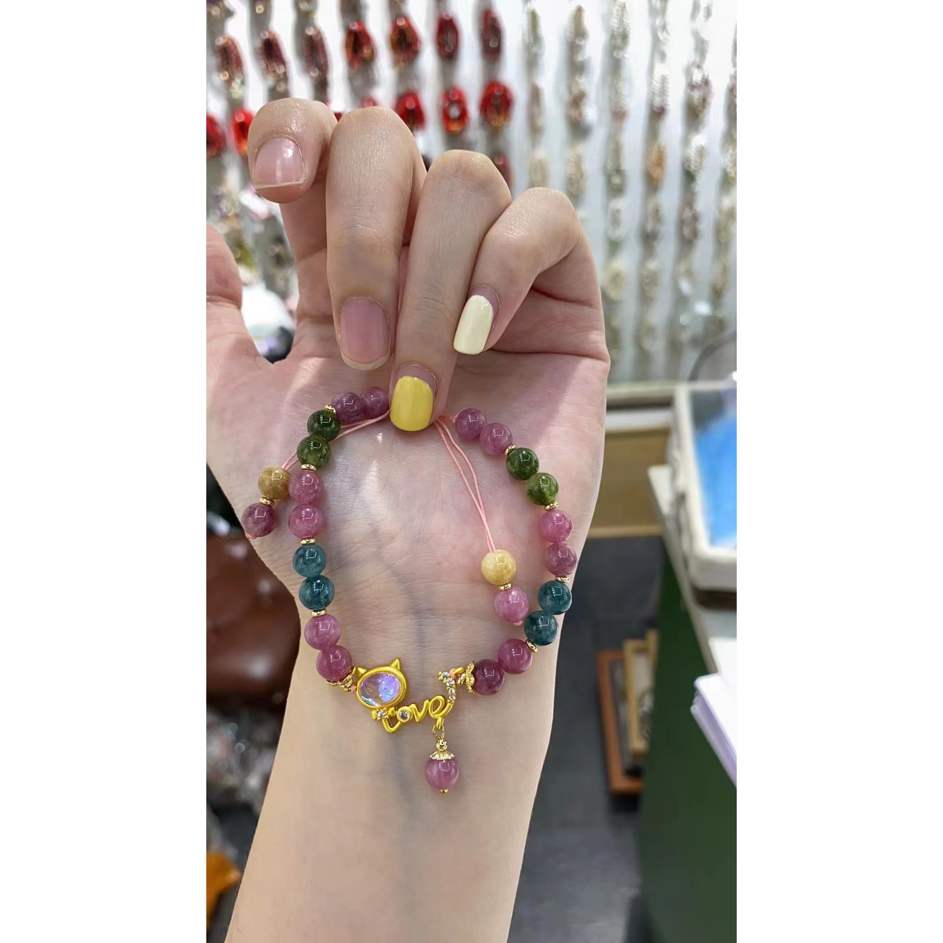 天然彩色碧玺手工编织手链女轻奢小众森系猫咪手串送学生闺蜜礼物