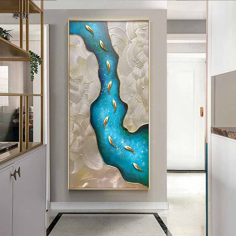 纯手绘油画玄关装饰画新中款九鱼图挂画玄关过道油画走廊尽头壁画