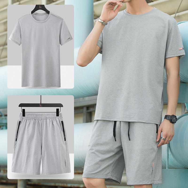 男士休闲运动套装薄款冰丝纯色短袖短裤搭配帅气两件套男装夏套装