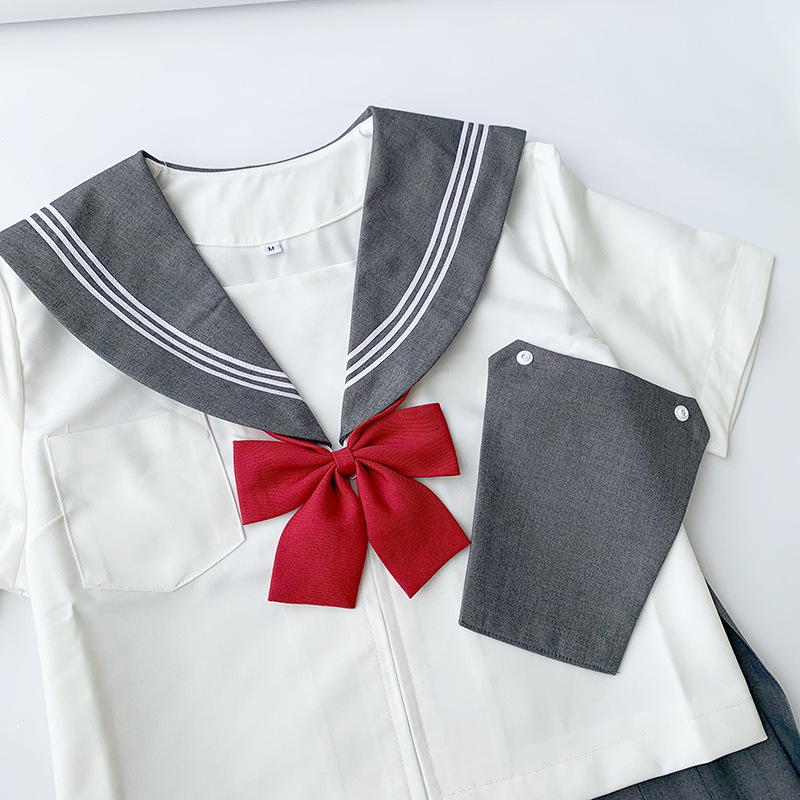 日系学院风学生jk制服批发水手服灰领白衣身三本襟短袖夏服基础款