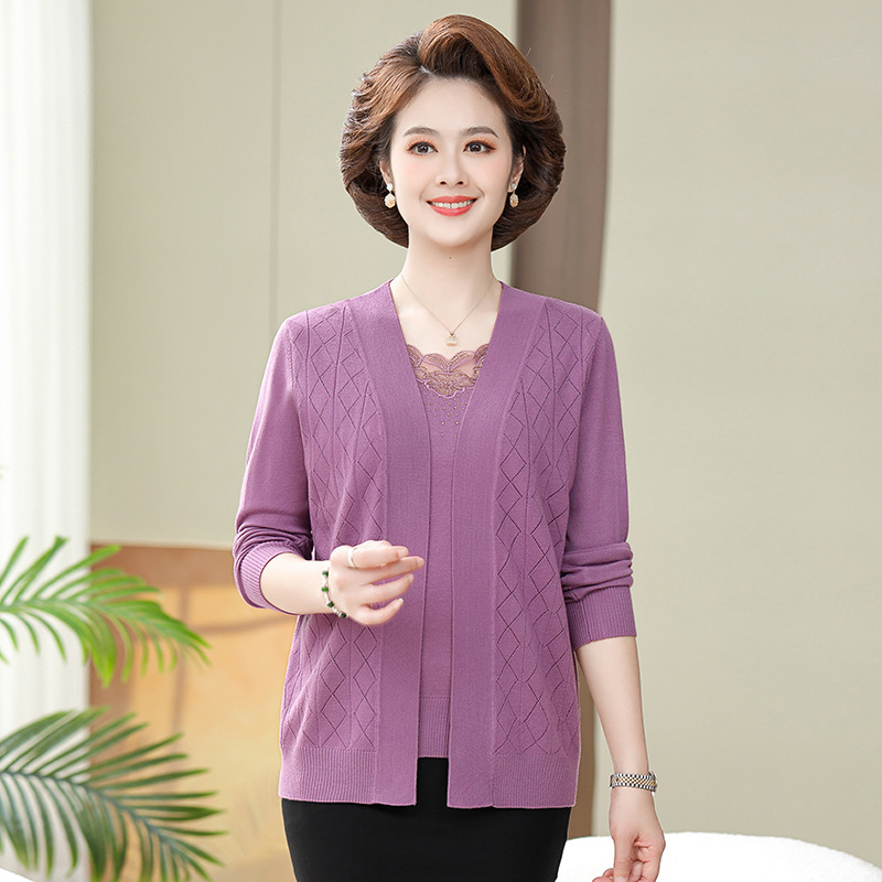 轻奢款妈妈春夏装针织衫两件套薄款外套中老年女士桑蚕丝开衫外搭