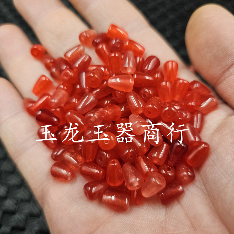 鸡血红同款水滴玉石散珠红色石英岩玉立体水滴手链项链耳环发簪珠