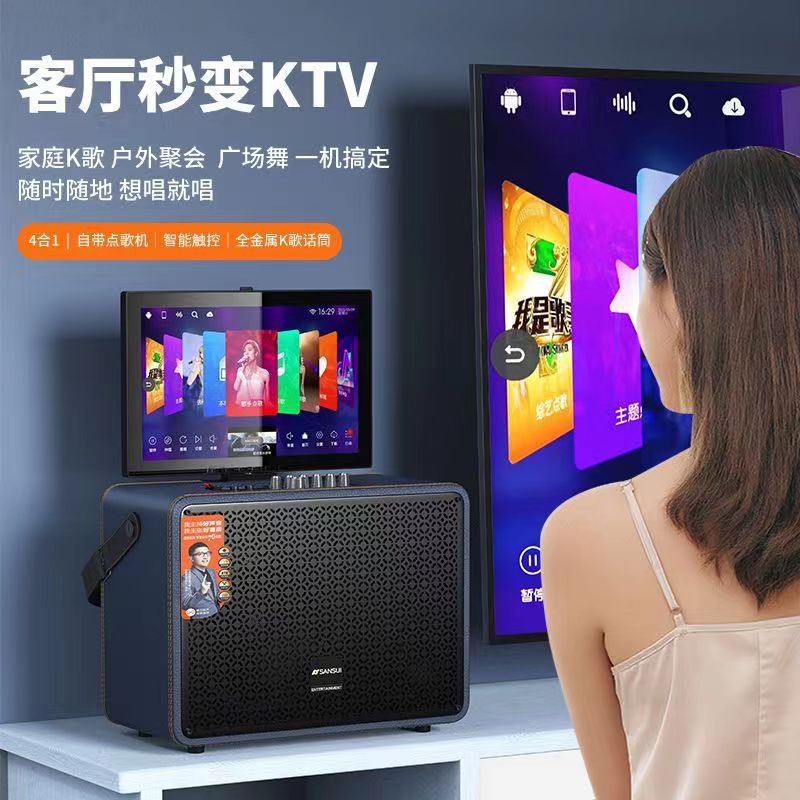 山水户外广场舞点歌机音响家庭ktv直播触摸屏无线话筒一体机套装