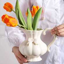 欧式奶油色陶瓷花瓶复古插花蒜头蝴蝶结宫廷轻奢鲜花客厅天使奶壶