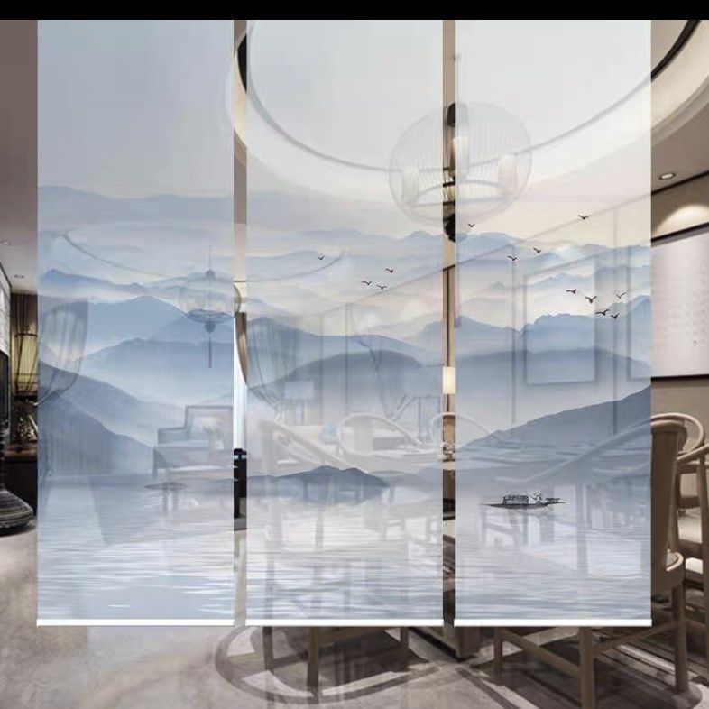 新中式山水卷帘卷拉式窗帘阳台遮阳帘山水画新款窗帘办公室透光