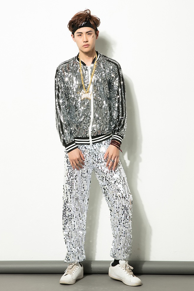 新款舞台装男款嘻哈街舞jazz爵士服ds舞蹈服演出服装闪亮片外套