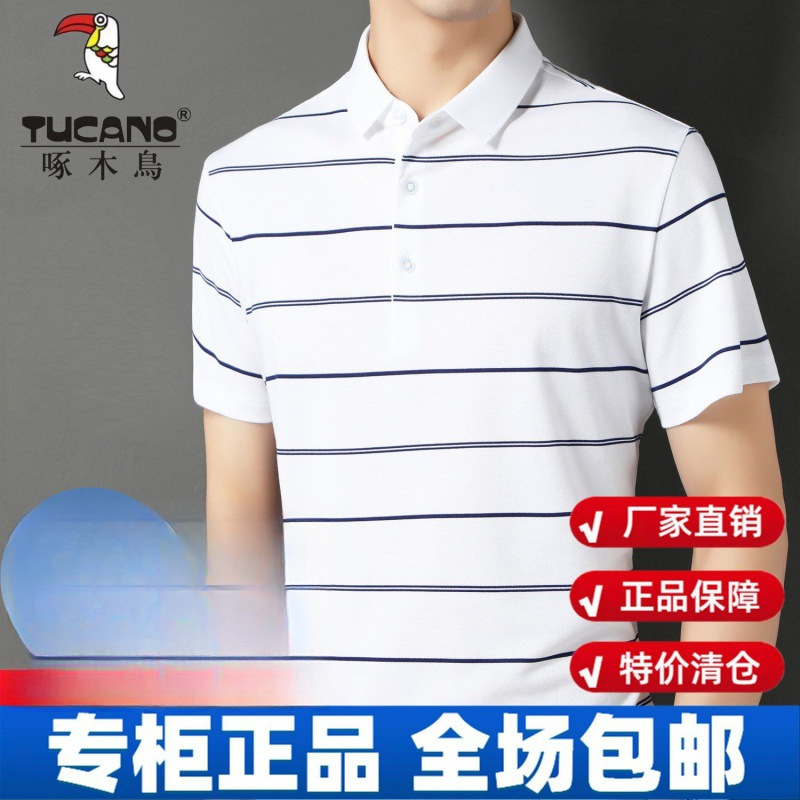 啄木鸟夏季新款纯棉短袖t恤中年男士男装商务休闲条纹翻领体恤衫