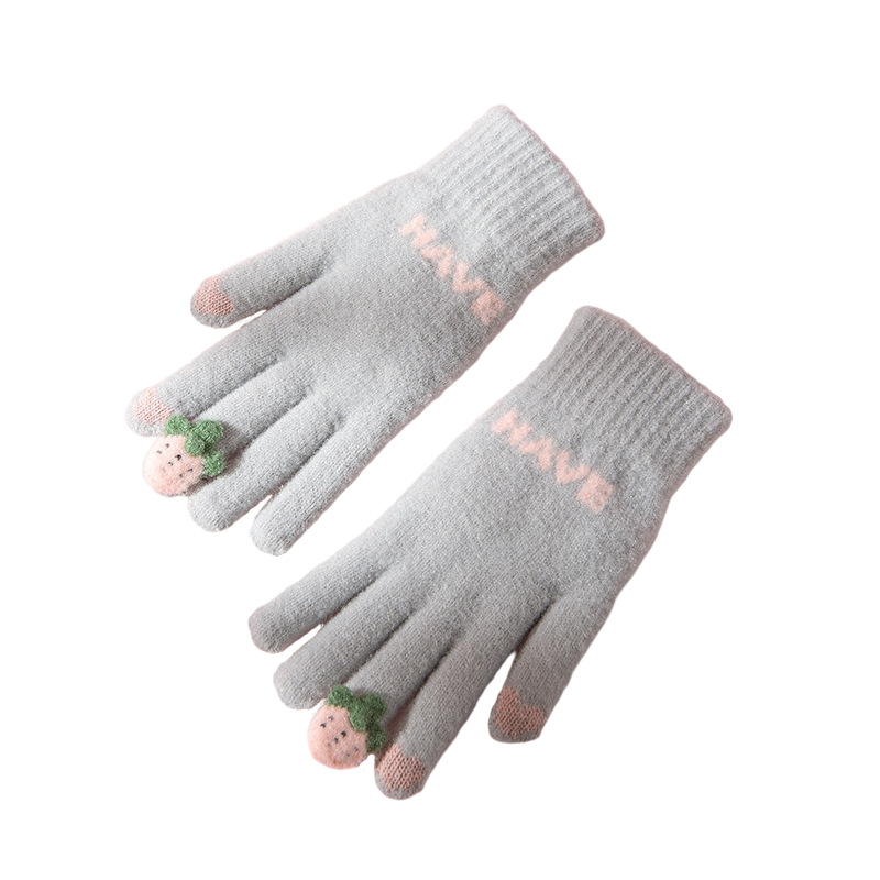 Women's Autumn and Winter Finger Cute Touch Screen Cold-Proof Thermal Knitting Fleece-Lined Cycling Riding Gloves Wholesale Five Fingers