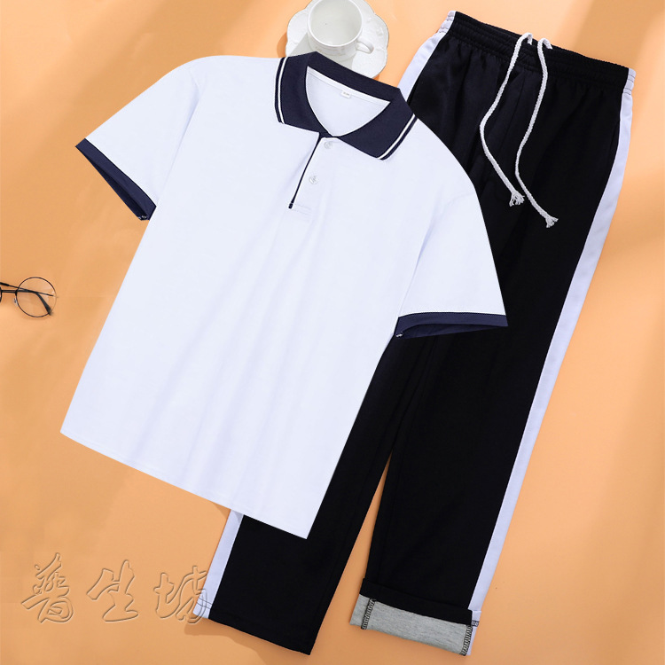 夏季校服套装初高中女学生韩版休闲班服学院风情侣短t恤长裤套装