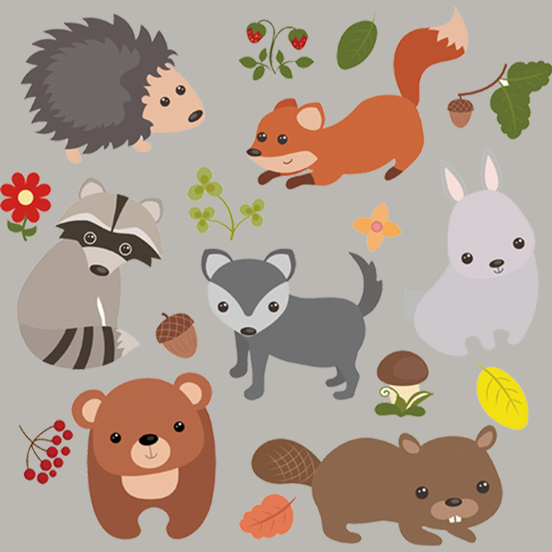 整张7只小动物柯式烫画贴 儿童服装外套帽子可裁剪diy热转印贴